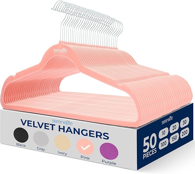 50 Pieces Velvet Hangers - Space Saving Heavy Duty Slim Suit Clothes Hanger Set with 360 Degree Swivel Metal Hook, Can Hold Up to 10 Lbs. for Coats, Jackets, Pants & Dress (Pink)