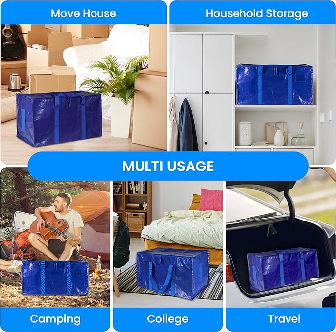 Simple Deluxe 4 Pack Moving Bags, Heavy Duty Storage Totes with Lids, Sturdy Handles& Zipper, Moving Boxes Alternative, Extra Large, for Clothes Packing, Moving Supplies, Blue