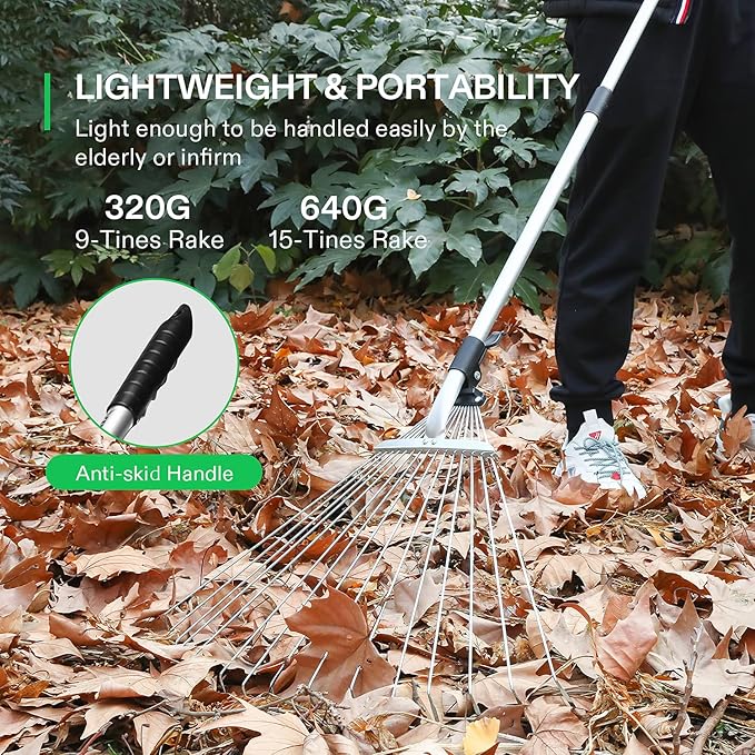 VIVOSUN 2-Piece Leaf Rake Set - Adjustable Garden/Camping Rake with 15/9 Tines, Collapsing Tines & Telescopic Handle (64'' & 30'')