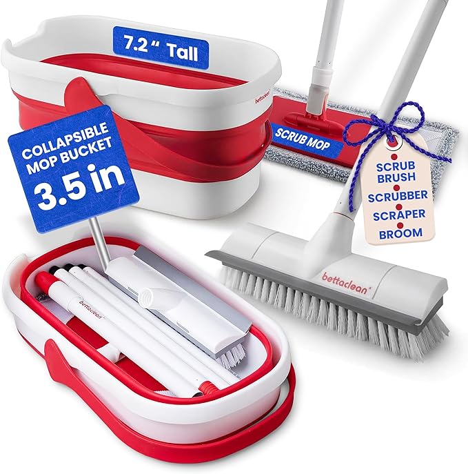 Collapsible Mop and Bucket Set with Wringer, Heavy Duty Scrub Brush, Foldable Mop and Broom for Home, Indoor or Outdoor Cleaning, Patio, Deck, RV, Concrete, and Floor Care by Bettaclean
