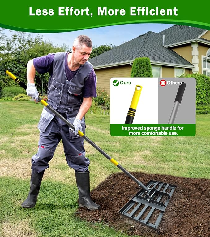 Lawn Leveling Rake 17x10 Inch , Heavy-Duty Yard Leveling Rake 6.2FT Leveler Tool for Soil, Sand & Topsoil, Backyard, Garden, Golf Course