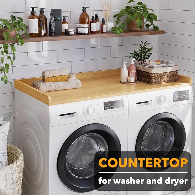 SpaceAid Washer Dryer Countertop, Laundry Wood Shelf Topper with Edge, 54" Width x 27.5" Depth Cover Guard Organizer for Washer and Dryer Laundry Hamper Counter Storage Organization (Maple Wood)
