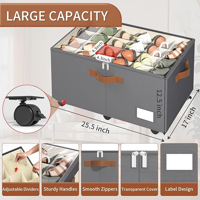 Foyego Shoe Organizer for Closet, Shoe Storage Organizer with Wheels and Adjustable Dividers, Stackable Shoe Storage Box with Clear Cover, Foldable Closet Shoe Organizer Fits up to 24-48 Pairs, Gray