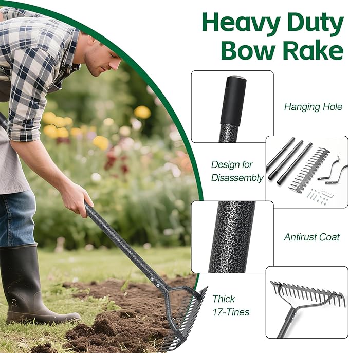 Garden Rake, 49" Adjustable Long Handle Lawn Leveling Bow Rake with 17 Tines, Garden Tool with Heavy Duty Metal for Looseing Soil, Weede Control