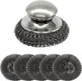 Steel Wool Scrubber with Replacement Wire Pads Set - 1 Heavy Duty Scrubber + 5 Stainless Steel Pads for Effortless Cleaning of Cast Iron, Grill Grates, Rust-Resistant Handle Design
