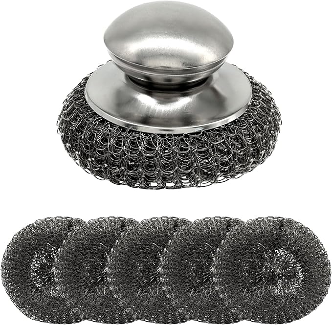 Steel Wool Scrubber with Replacement Wire Pads Set - 1 Heavy Duty Scrubber + 5 Stainless Steel Pads for Effortless Cleaning of Cast Iron, Grill Grates, Rust-Resistant Handle Design