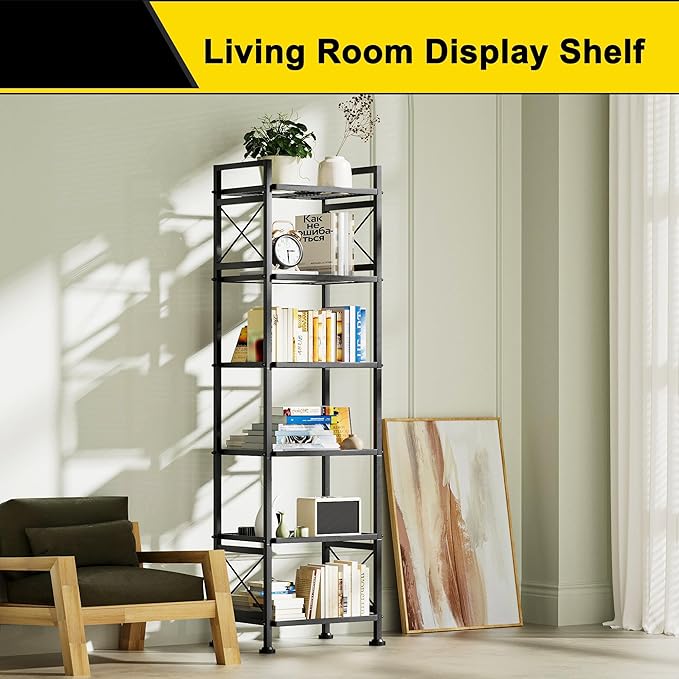 GIOTORENT Pantry Storage Shelves, 6-Tier Metal Storage Rack with X-Shaped Side Frame, Heavy-Duty Wire Shelf for Kitchen, Bathroom, Laundry Room, 120lb/Layer, Black Standing Shelves