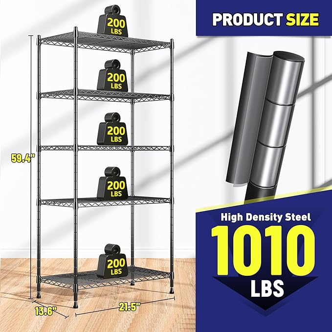 Romorgniz Storage Shelves Adjustable Metal Shelving Unit 5 Tier Wire Shelving,1010LBS Pantry Shelves Sturdy Steel Wire Shelf for Laundry Bathroom Kitchen Pantry, 13.6" D x 21.5" W x 59.4" H, 2PCS