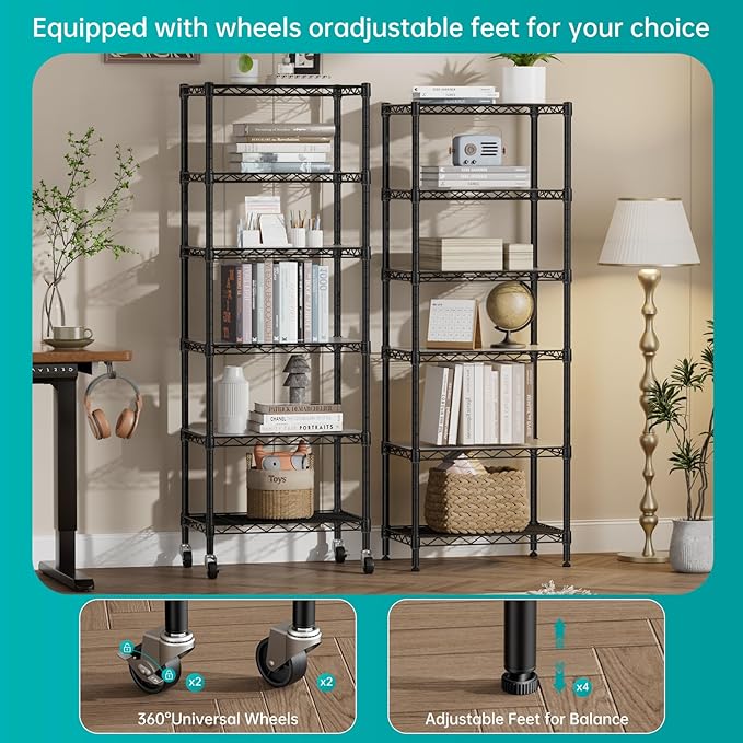 SINGAYE 6 Small Shelf Storage Wire Shelves Closet Bathroom Organizers Metal Pantry Kitchen Garage Shelving Unit Laundry Room Organization Home Narrow Rack Net Basket with Wheels Black