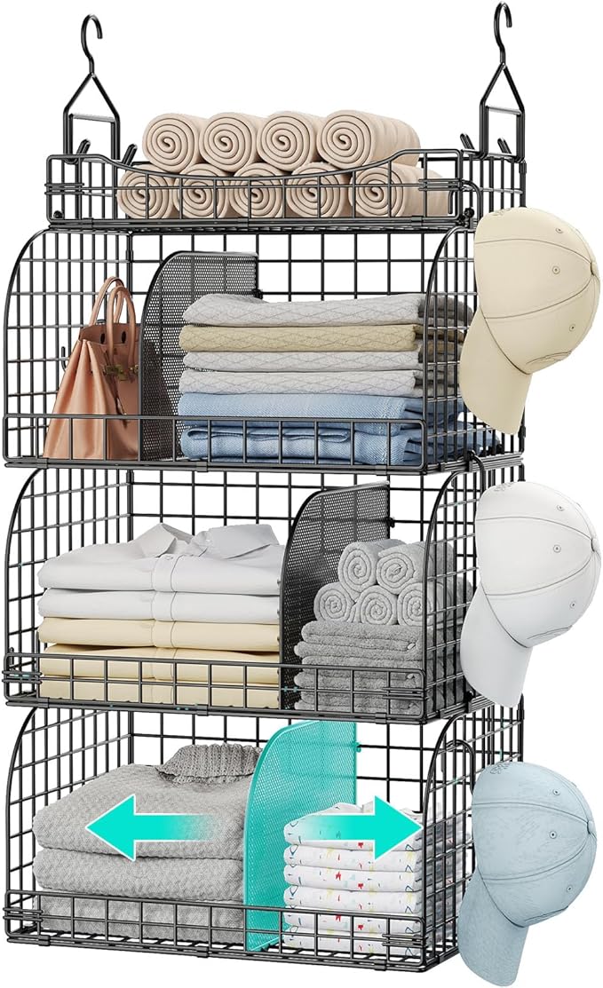 HapiRm Hanging Closet Organizer Storage - 4 Tier Metal Stackable Hanging Closet Shelves with Dividers and S Hooks, Foldable Clothes Shelves for Clothes, Pants, Shoes, Coat, Hats Clutches Accessories