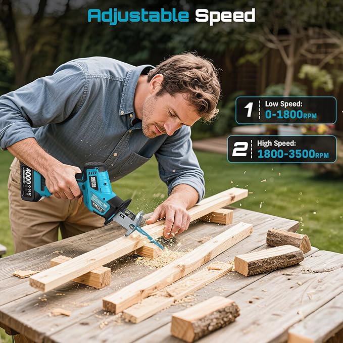 SEESII Reciprocating Saw Cordless, Variable Speed 3500 RPM Brushless Motor with 6 Saw Blades, 2 x 4.0Ah Batteries, LED Light, Tool‑Free Blade Change, Portable for Wood PVC Cutting