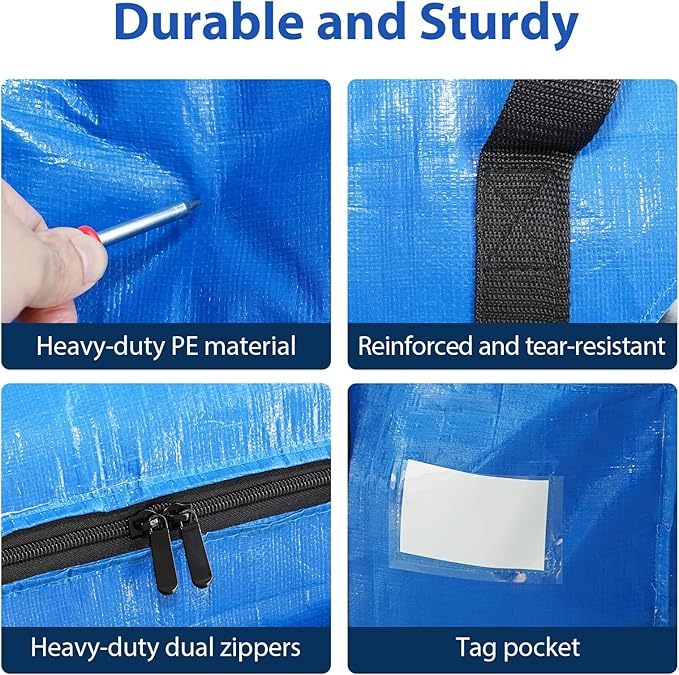 6 Pack Extra Large Moving Bags, Heavy Duty PE Woven Storage Totes with Visible Window & Wrap Around Handles, Reusable Space-Saving Alternative for Home Relocation & Storage