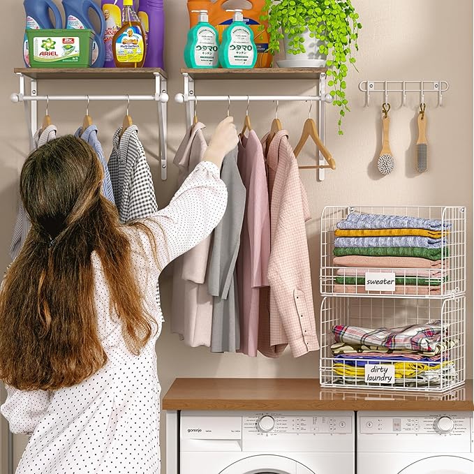 DAOUTIME 2 Set Laundry Room Wall Mounted Shelves With Wire Storage Baskets, Over Washer and Dryer With Hanging Rods and Hooks, for Organization and Storage, White, Wooden