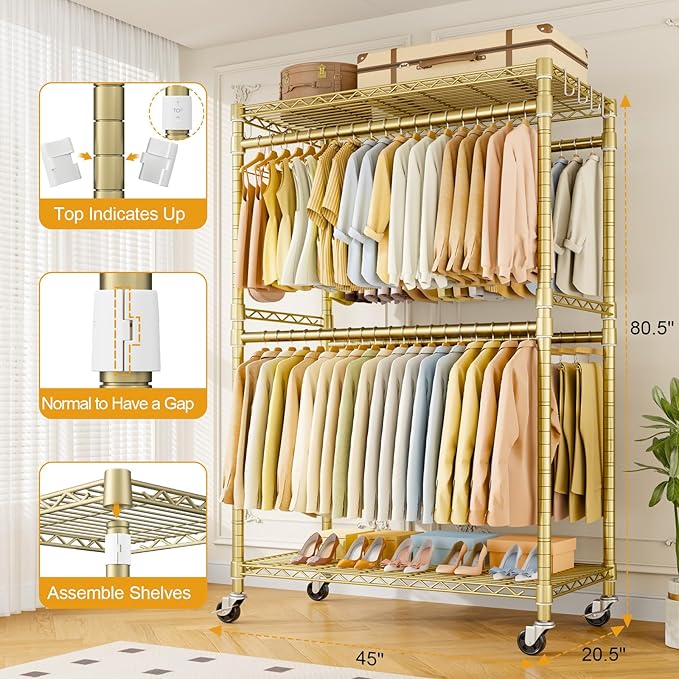 ULIFHOME P4 Plus Rolling Clothes Rack Heavy Duty, Clothing Racks for Hanging Clothes, Free Standing Garment Racks with Wheels, Portable Closet Rack 45'' W × 20.5'' D × 80.5'' H, Max Load 570 Lbs, Gold