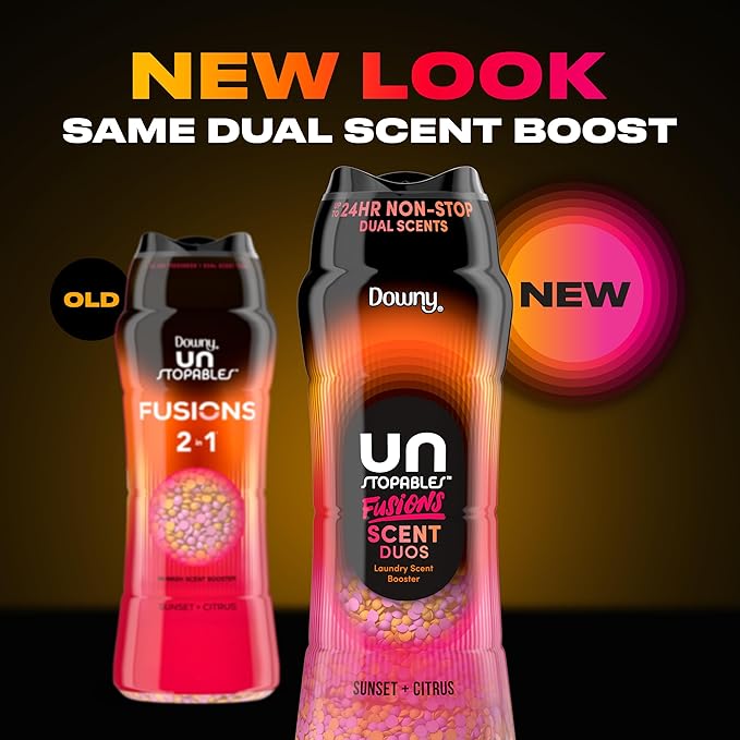 Downy Unstopables Fusions Scent Duos Laundry Scent Booster Beads, Sunset and Citrus Scent, 10.7 OZ, 24hr non-stop freshness with 2 in 1 dual scent laundry scent beads
