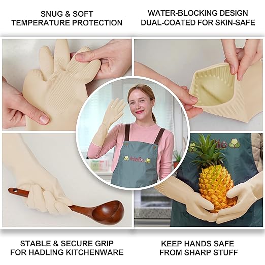 Mamison 2 Pairs Reusable Waterproof Household Dishwashing Cleaning Rubber Gloves, Non-Slip Kitchen Glove (Ivory, Medium (Pack of 2))