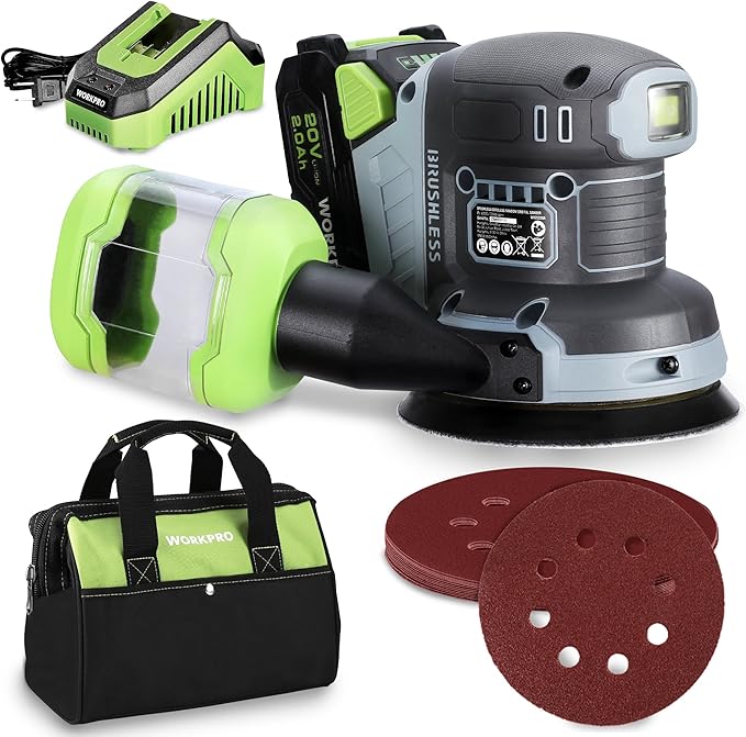 WORKPRO Cordless Random Orbital Sander Brushless 6 Variable Speeds 6000 to 12000 OPM, 20V 5in Electric Orbit Sander for Woodworking with Battery, Charger, Dust Collector, Tool Bag,15 Pcs Sanding Discs