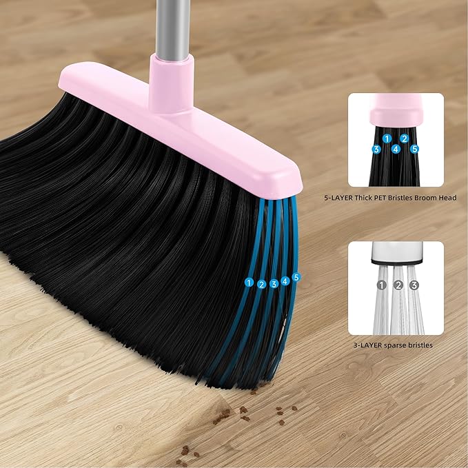 Broom and Dustpan Set, 54” Long Adjustable Household Hand Broom with Dustpan Teeth to Clean Hair Broom with Dustpan Set Heavy Duty to Clean Hair for Home Lobby Office (Pink)