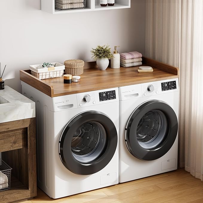 Washer Dryer Countertop, 54.3" x 27.6" Wooden Laundry Countertop with Edge Rails, Washer and Dryer Topper for Laundry Room Organization and Storage