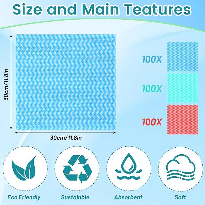300 Pcs Disposable Dish Cloths, Reusable Cleaning Cloths and Towels, Highly Absorbent Wipes and Rags for Kitchen, Home, Office (Red, Blue, Green)