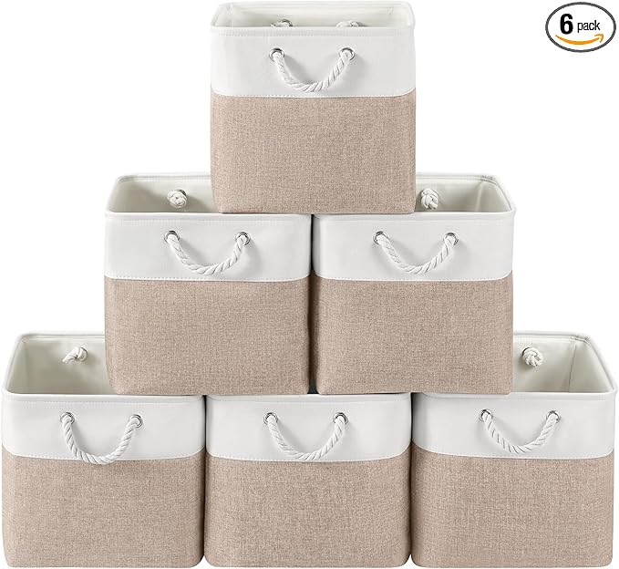 13 x 13 Inch Cube Storage Bins, 6 Pack Fabric Storage Basket with Handles, Foldable Boxes Organizer for Shelf Baskets for Home, Clothes (White/Khaki)