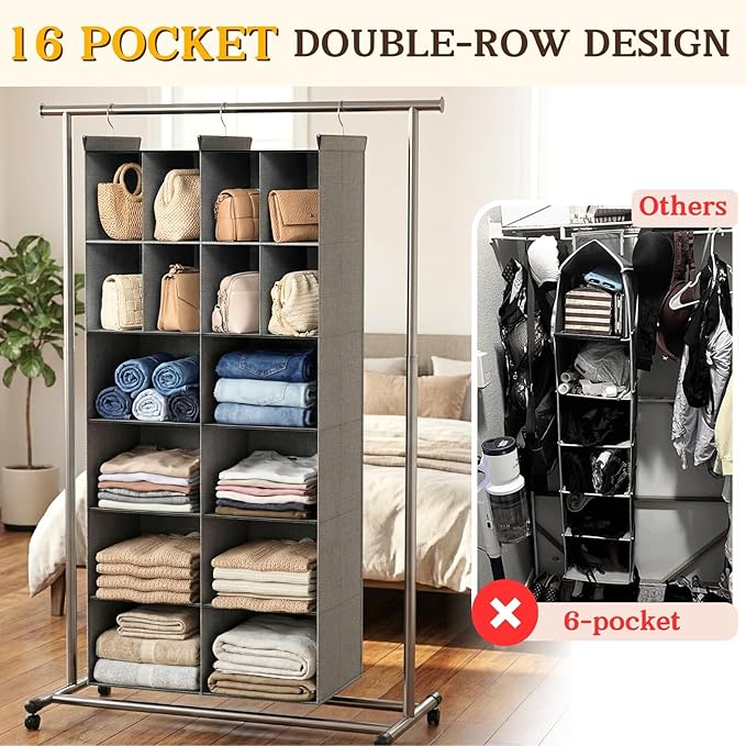 Ofiray-home 6 Tier Hanging Closet Organizer, 16 Compartments Sweater Organizer for Closet with 3 Sturdy Hooks, Closet Organizers and Storage, Wardrobe, Rv, Garment Rack, Grey