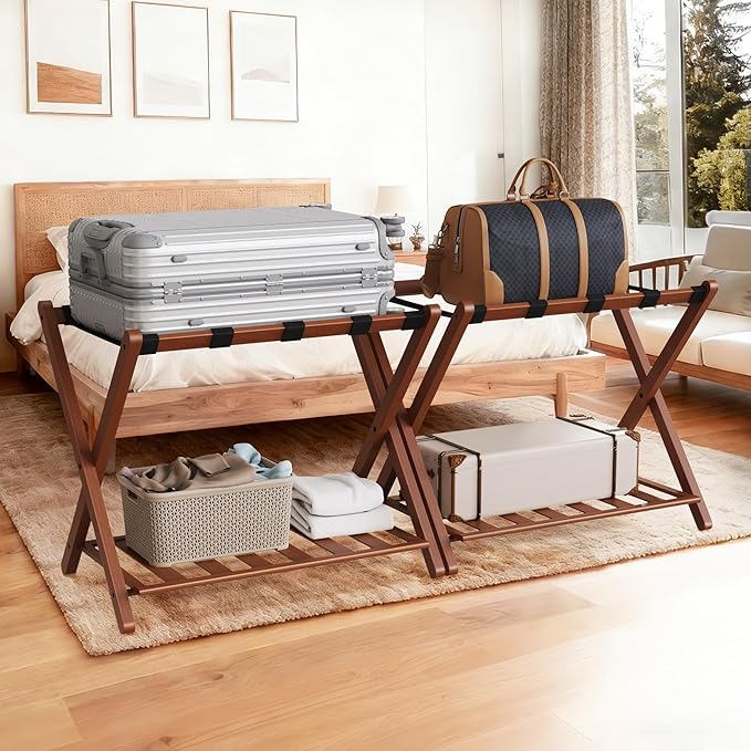 Walnut Luggage Racks Set of 2, Bamboo 26.77" Luggage Rack Stand for Guest Room, 5 Nylon Straps, Foldable Suitcase Stand with Storage Shelf for Bedroom Hotel, Holds up to 165 Lbs