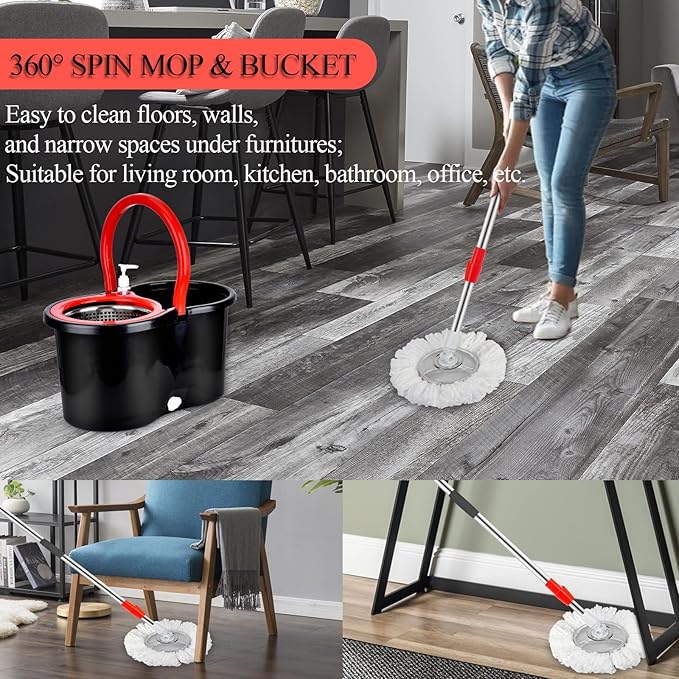 Spin Mop and Bucket with Wringer Set, 360° Spinning Mop Bucket System with 3 Microfiber Mop Replacement Heads and 61" Stainless Steel Adjustable Handle for Floor Cleaning