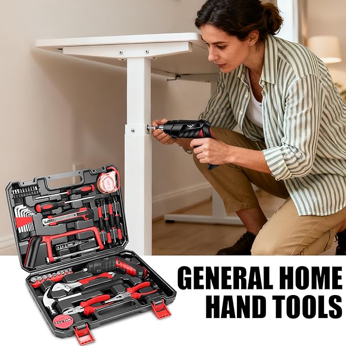 43 in 1 Household Tool Set with 3.6V USB Cordless Electric Screwdriver,Home Tool Kit with Cordless Drill Driver(Red)