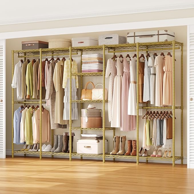 ONBRILL F5 Extra Large Industrial Pipe Clothing Rack, Freestanding Portable Closet Organizer System with Shelves & Hanging Rods, 88.6'' Wide Heavt Duty Clothes Rack, Max Load 1300lbs, Gold