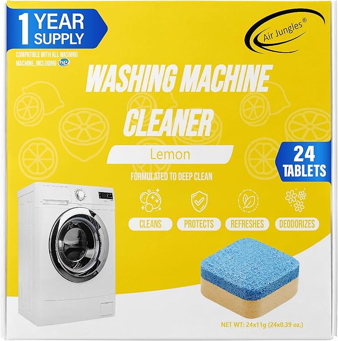 Air Jungles Washing Machine Cleaner Tablets 24 Count, Lemon Scent, Deep Cleaning, Dirt Remover, Clean Laundry Washer Drum and Tub, Compatible with Front and Top Load Washer, 12 Month Supply