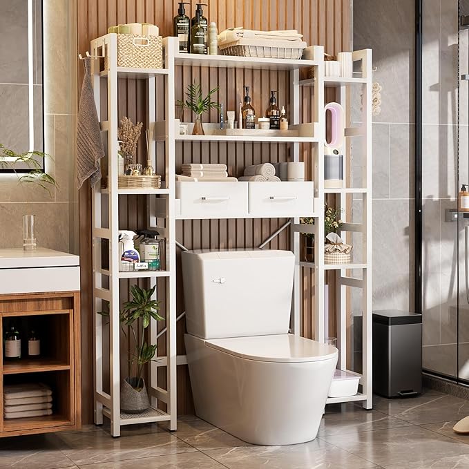 Besiost Over The Toilet Storage with 2 Drawers - 11 Tier Bathroom Organizer Freestanding Space Saver Storage Rack with Adjustable Shelf Above Toilet Stand with 4 Hooks for Restroom, Laundry, White