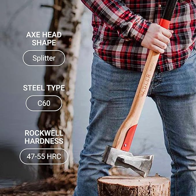 Adler - The Long Splitter, 31.5 inch Anti-Slip Hickory Handle, Leather Sheath, Splitting Axe for Rounds up to 10'', 4.4 pound Head, German Made