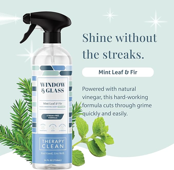 Therapy Clean Window & Glass Cleaner 24 oz. (3-Pack) – Streak-Free, Ammonia-Free Mirror, Shower & Car Window Cleaner Spray for Indoor & Outdoor Use – Natural Vinegar Formula
