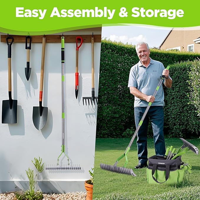 WORKPRO Thatch Rake, 15-Inch Thatching Rake for Lawns, Heavy Duty Dethatcher Rakes with 5FT Handle, Dethatching Rakes with Adjustable Head for Removing Dead Grass and Clippings, Loosening Soil
