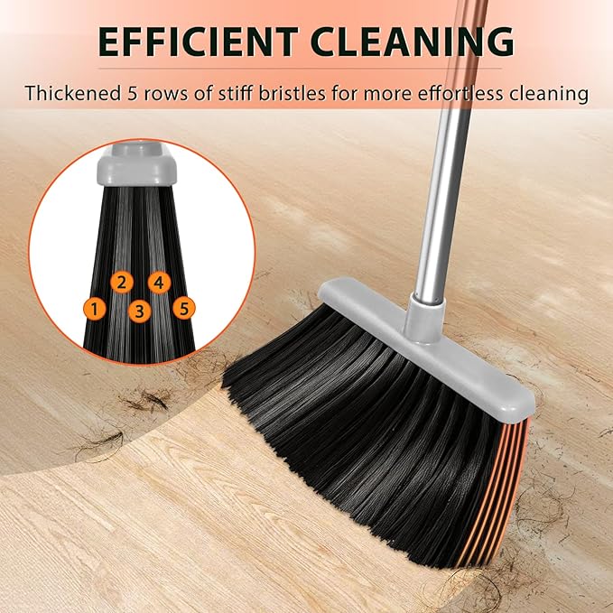 YZO Broom with Dustpan Combo Set, 54.33 Inch Long Handle Standing Design, Dustpan Front Rubber Tight Seal, Broom with 5 Layer Bristles, Suitable for Living Room, Yard, Office and Apartment (Orange)