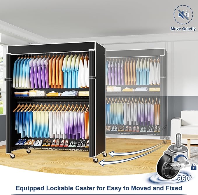 ULIFHOME P8C Max Heavy Duty Clothes Rack（With Extended Width Design） Rolling Clothing Racks for Hanging Clothes with Lockable Wheels，51.2"W x 15.8"D x 80.5"H，Load 700LBS，Black Rack with Black Cover