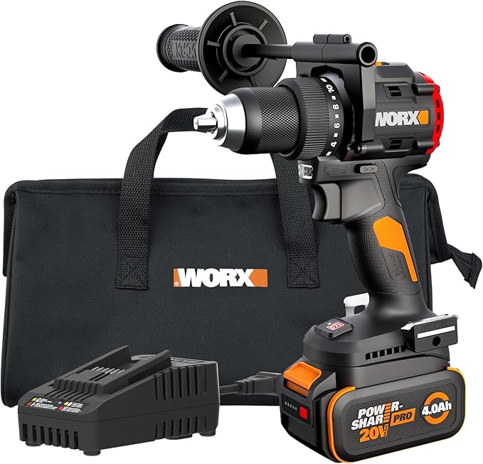 WORX Cordless Drill Driver, 20V 930 in·lbs Brushless Power Drill Driver, Powerful and Faster Drilling and Driving, Compact 6.3" length, 20V 4.0 Ah Battery and Charger Included, PowerShare