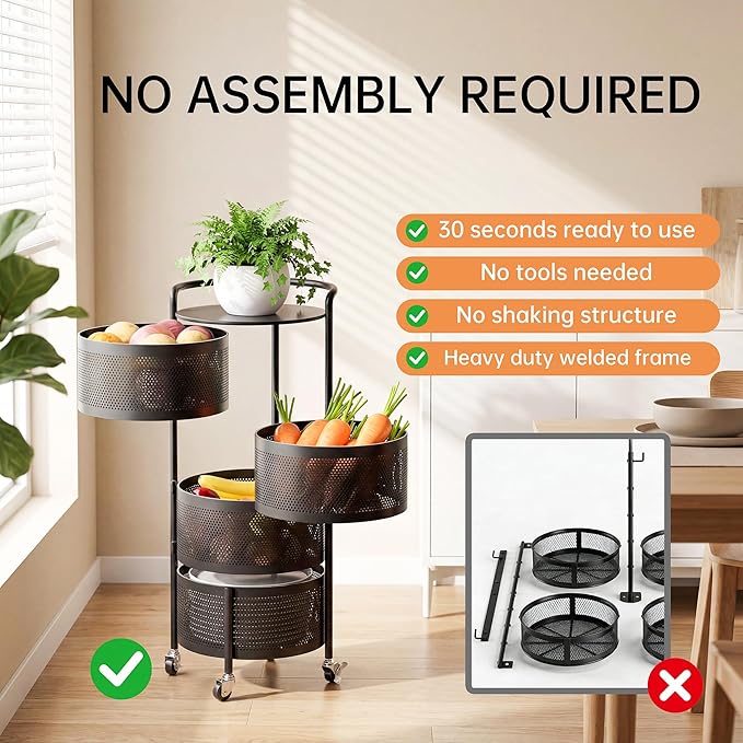 JAQ No Assembly Integrated Vegetable Storage Rack, 4-Tier Rotating Fruit Basket with Wheels, Solid Carbon Steel Kitchen Storage Cart for Potato Onion Produce, Fruteros para Cocina, Black