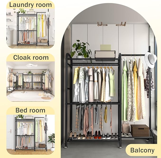 GAIOUS Black Metal Garment Rack for Hanging Clothes, Versatile Portable Clothes Rack with Hang Rods & Shelves & Pants Racks, FreeStanding Closet Wardrobe Organizer for Cloakroom, Bedroom