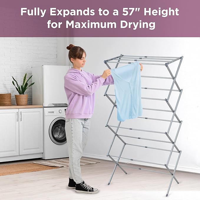 BLACK+DECKER 4-Tier Expandable Collapsible Clothes Drying Rack, Telescopic Height, Foldable Space-Saving Laundry Air Dryer for Towels, Shirts & Delicates – Durable Steel, No Tools Needed