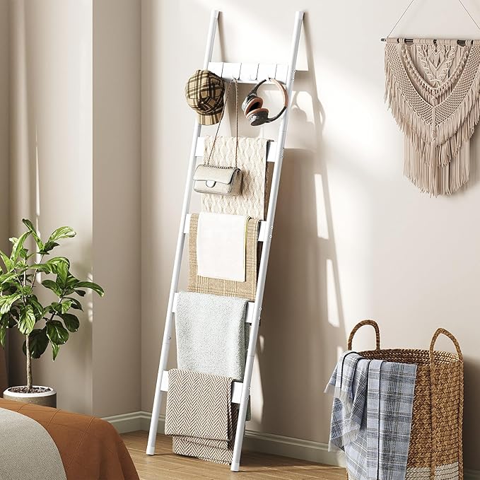 HOOBRO Blanket Ladder, 5-Tier Towel Rack with Hooks, Wall-Leaning Blanket Rack, Decorative Display Ladder Shelf, for Scarves, Industrial, Living Room, Bedroom, White WW52CJ01