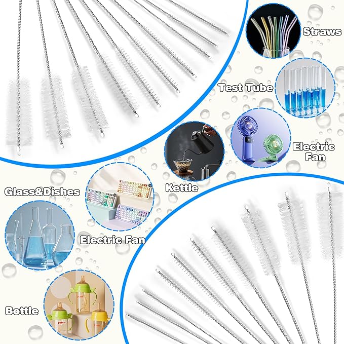 Cleaning Brushes Set, 10 Pieces 8 Inch Nylon Tube Brush + 60 Inch Flexible Long Drain Brush, Hose Pipe Brush, Suitable for Home Kitchen, Bathroom, Fish Tank, Water Pump Accessories (White)