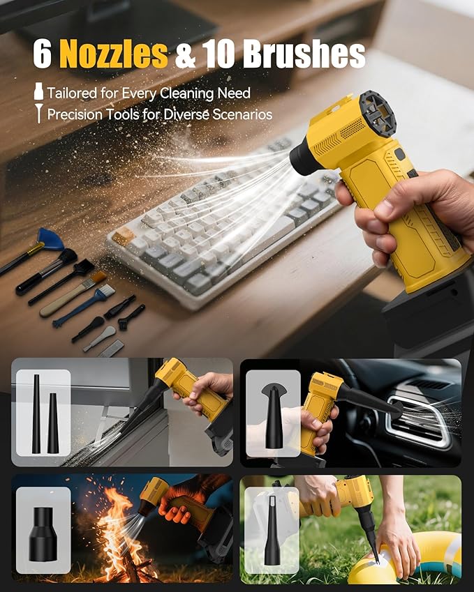 Compressed Air Duster, 130000RPM Ultra-Powerful Electric Air Duster Compatible with DEWALT 20V/60V Max Battery, 4-Gear Adjustable Air Blower for Computer/Keyboard/Car/Home (No Battery Included)