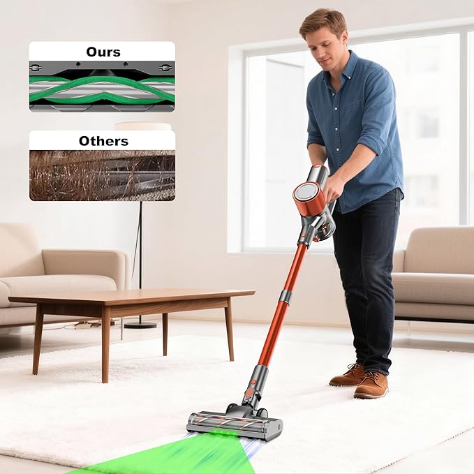 Cordless Stick Vacuum Cleaner - Lightweight Handheld Vacuum with Self Standing, Removable Battery with 45min Running Time, Anti-tangle Wireless Vacuum for Home Pet Hair/Hardwood Floor/Carpet OB
