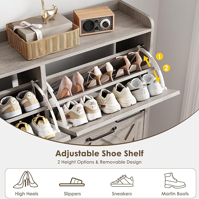 Nicetree Shoe Cabinet with 4 Flip Drawers, Freestanding Shoe Organizer Cabinet, Farmhouse Narrow Shoe Storage Cabinet for Entryway, Foyer, Hallway, Gray