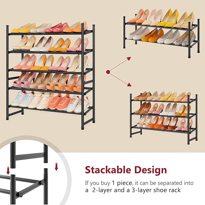 Tajsoon Expandable Shoe Rack for Closet 5 Tier, 29“-41“Adjustable & Stackable Shoe Shelf Storage, Metal Shoe Rack Organizer for Front Door Entrance, Closet, Garage, Entryway, Black