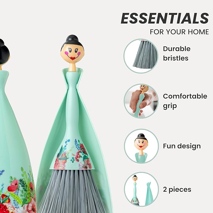 Vigar Mini Broom and Dustpan Set, Small Broom and Dustpan Set for Dust, Pet Hair, Car, and Crumb, Perfect for Home and Camping Essentials, Turquoise