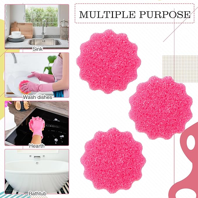 3 Pcs Dual Sided Scrub Sponge Multi Functional Cute Temperature Sensitive Non Scratch Dish Sponge for Washing Dishes Kitchen Bathroom(Flower,Pink)