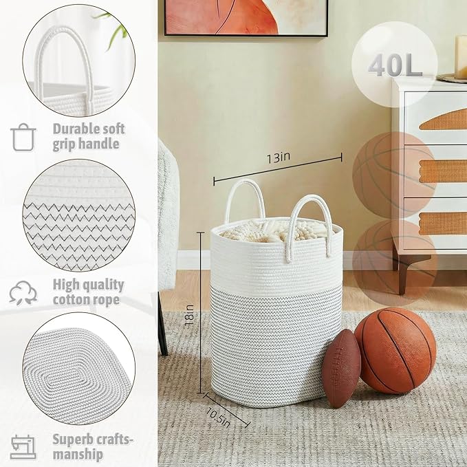 Laundry Basket,Woven Cotton Rope Laundry Hamper,Versatile Storage for Dirty Clothes,Baby Toys,and Blankets in Bathroom, Nursery,and Living Room (White, 40L)